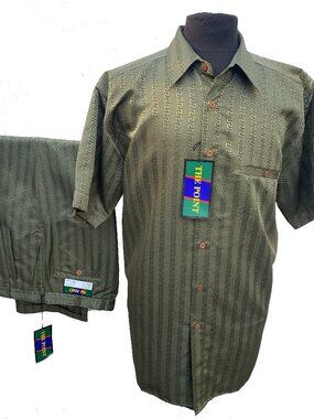 THE POINT 100% Polyester Two-Piece Casual Set Short Sleeve Shirt & Pant For Men